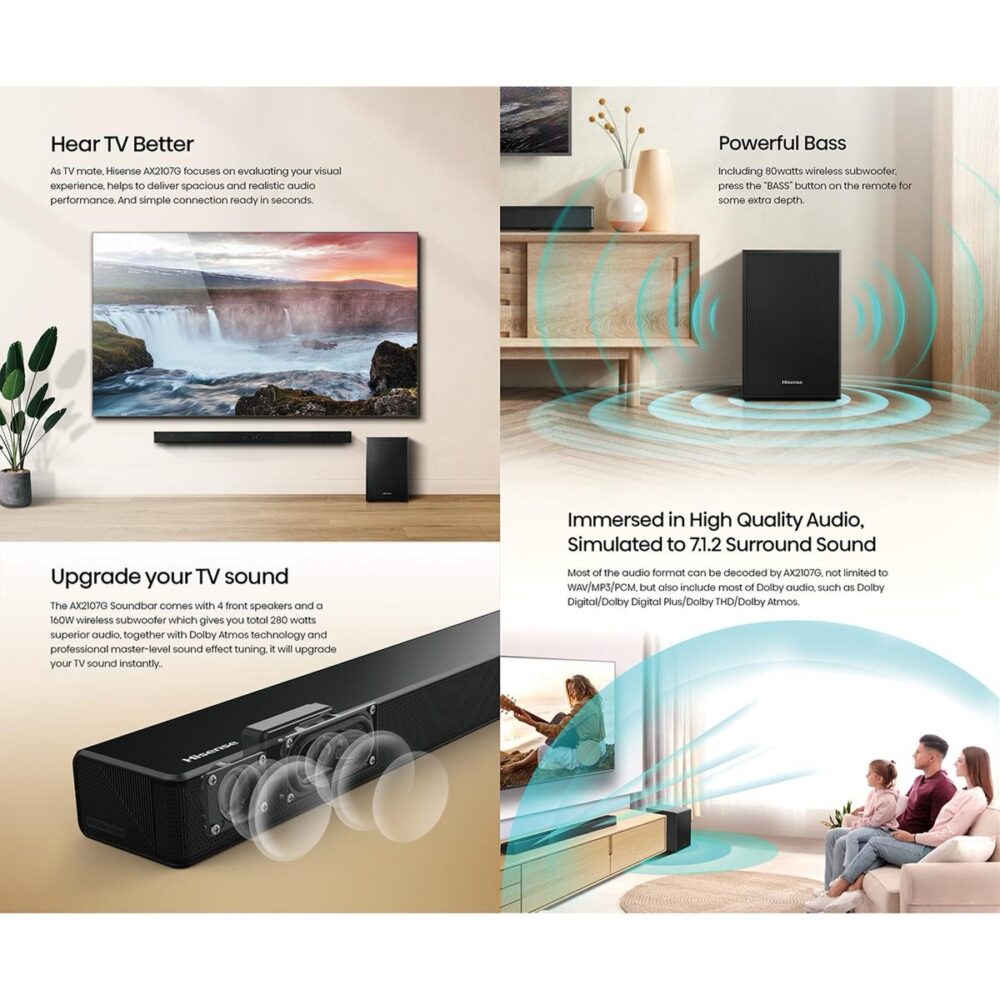 Hisense Soundbar with Subwoofer 160W 2.1CH (AX2107G) - Image 2